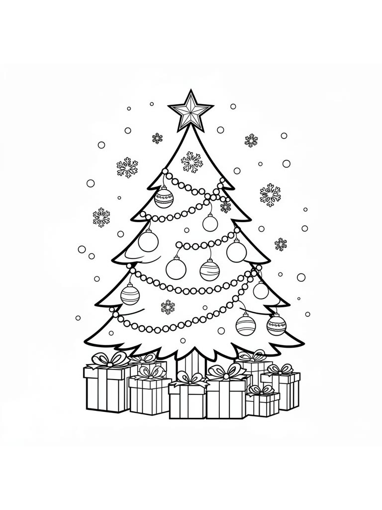 Decorated Christmas tree with presents coloring page