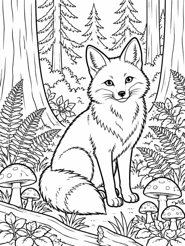 Fox sitting in a forest with mushrooms and ferns coloring page
