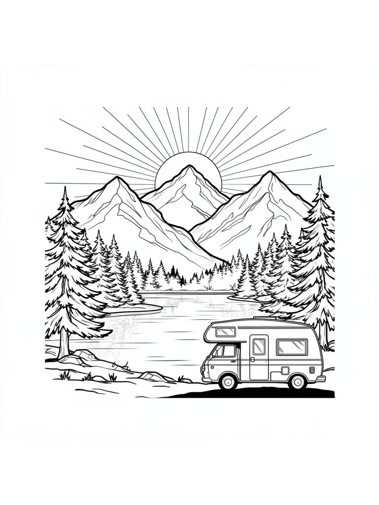 Camper van by a mountain lake at sunset coloring page
