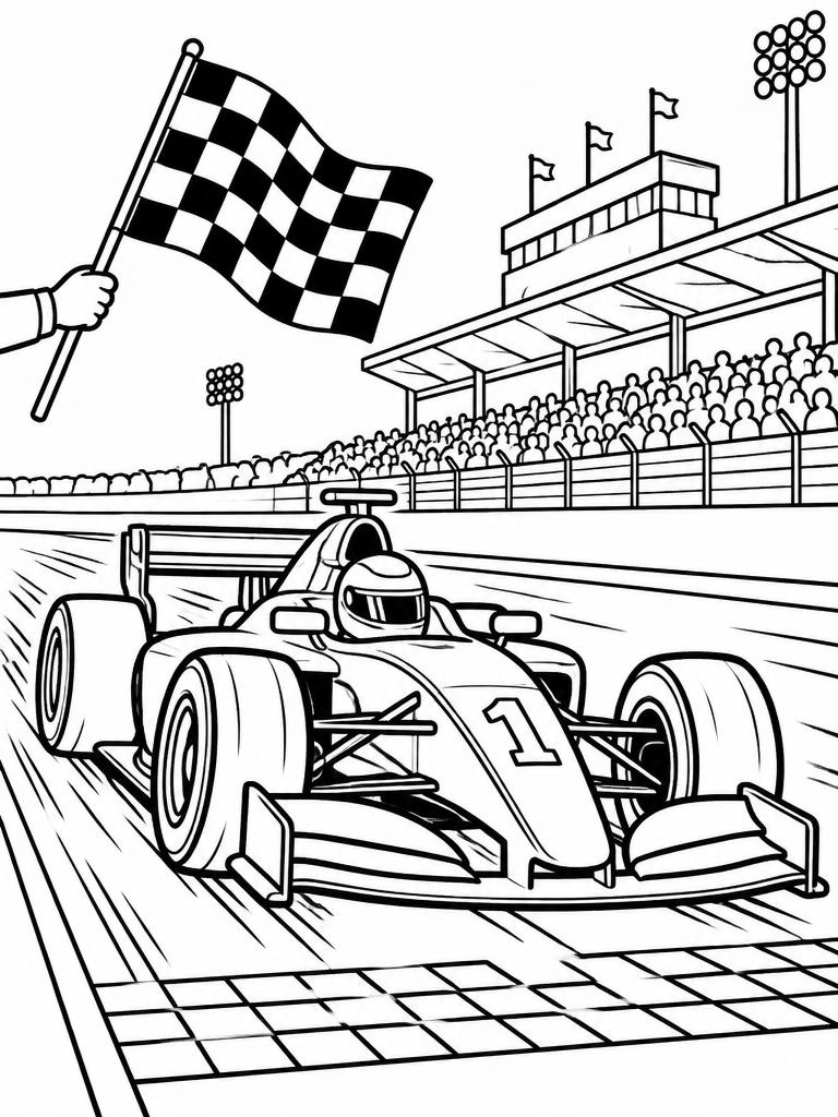 Race car crossing the finish line coloring page