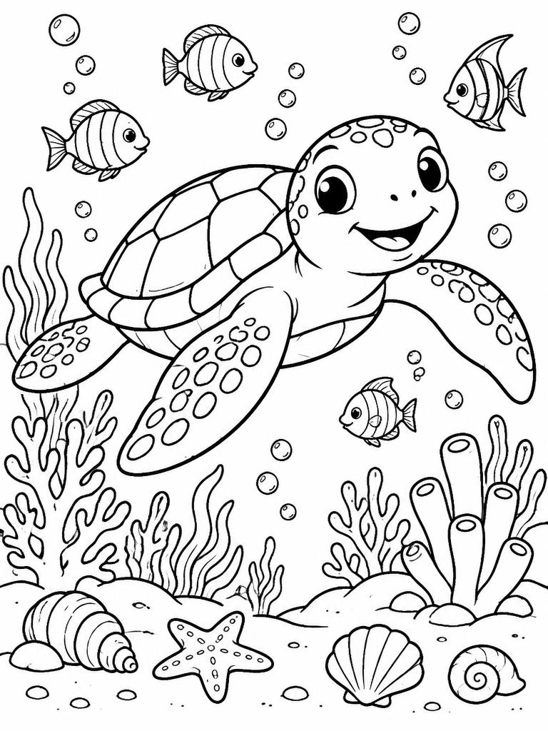 Sea turtle swimming over a coral reef with fish coloring page