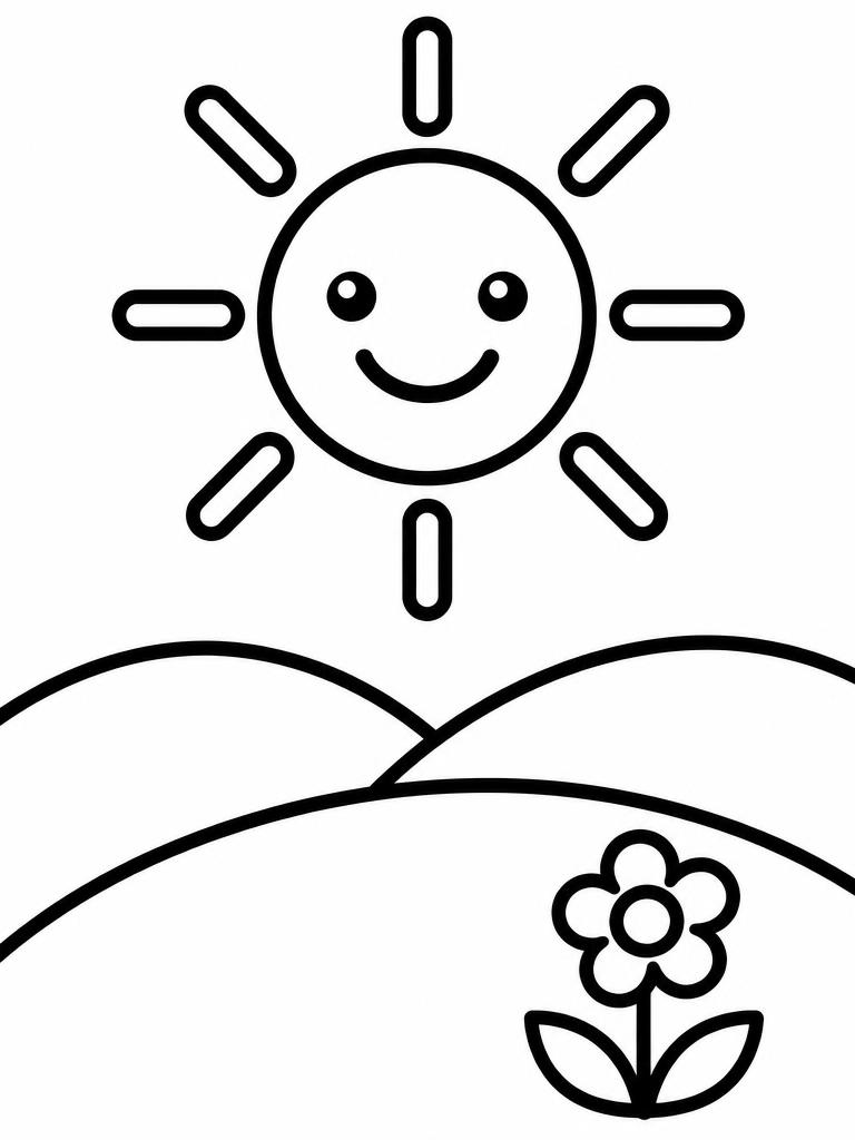 Smiling sun above hills easy coloring page for toddlers