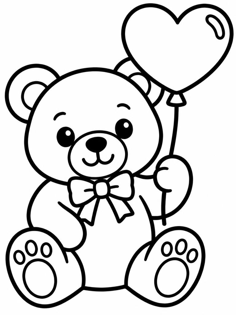 Teddy bear holding a heart balloon easy coloring page